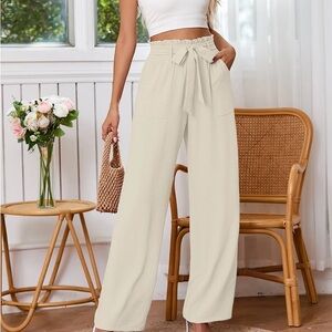 Chic Cream High-Waisted Wide Leg Pant with Tie Belt & Pockets